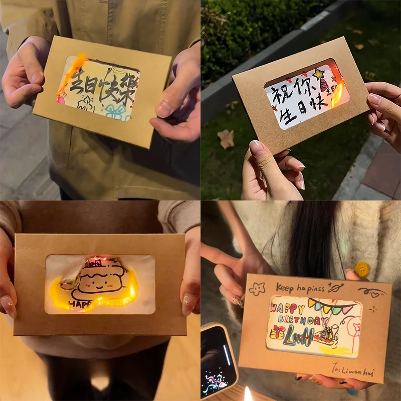 Flame Burning Greeting Card DIY Handmade Burning With Matches Happy Birthday Envelope Paper Material Wrapped Greeting Card Gift