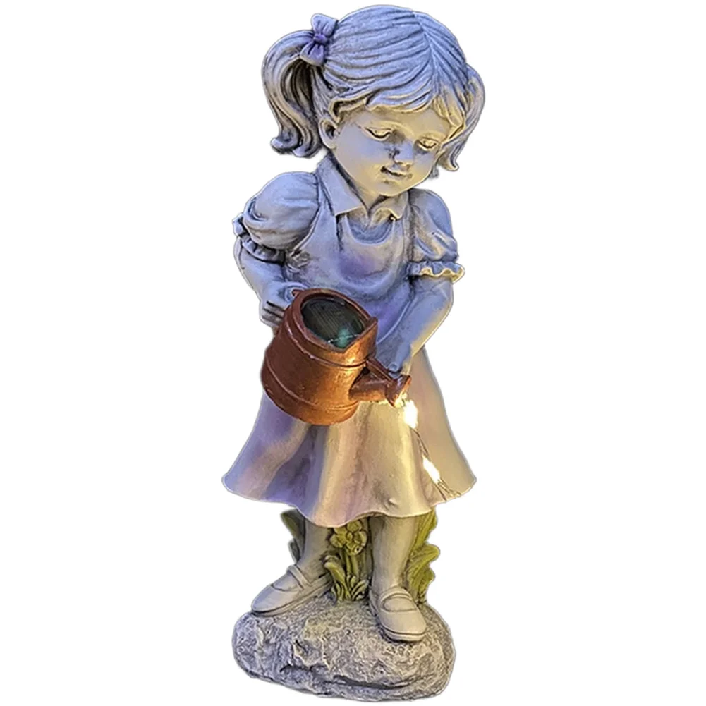 Energy Efficient Solar Powered Resin Garden Statue with LED Light Featuring Artistic Girl and Kettle for Outdoor Use