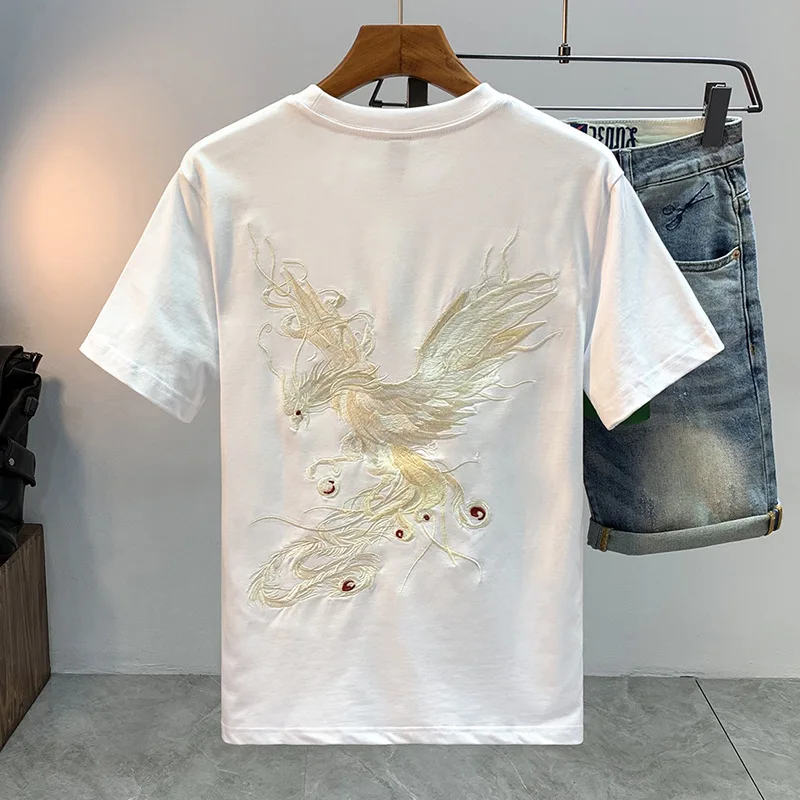 Chinese style high quality phoenix embroidery short sleeve T-shirt MEN'S trendy summer slim fit stretch casual fashion MEN'S top