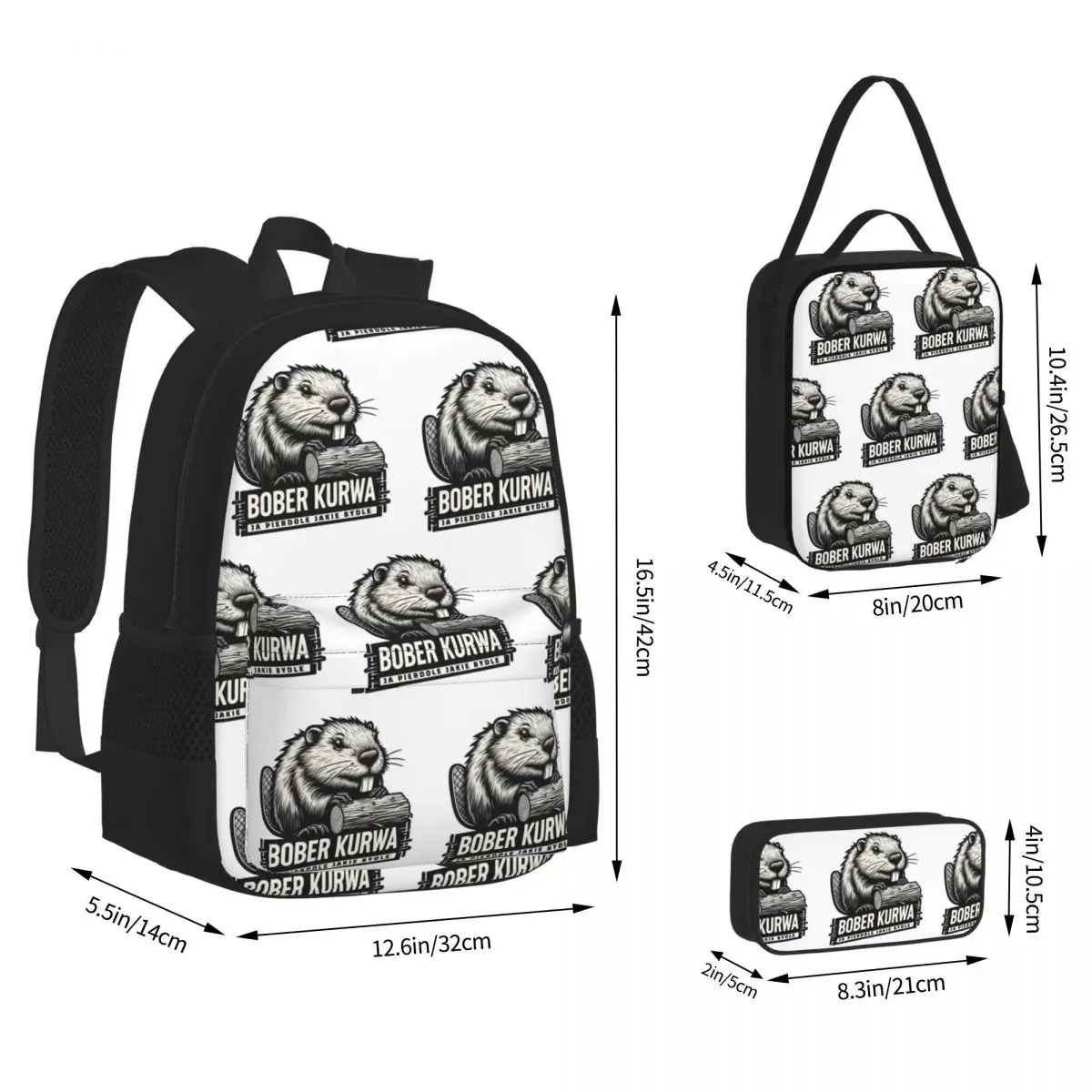 Poland Beaver Bober Polish Bobr Kurwa Backpacks Children Bookbag School Bags Rucksack Lunch Bag Pen Bag Three-Piece Set