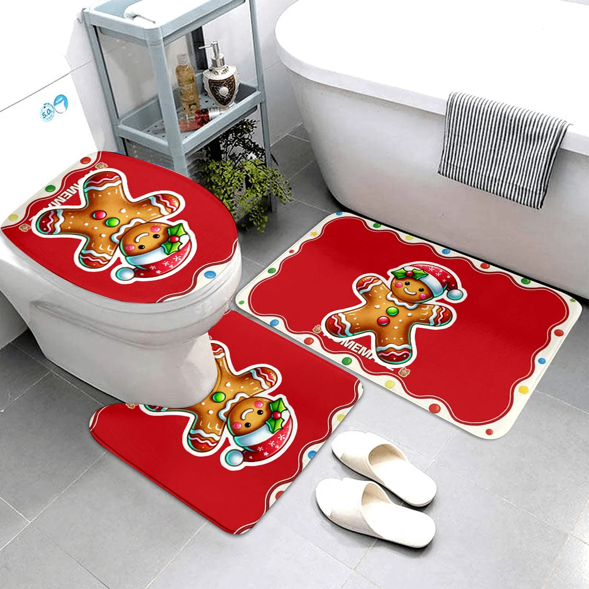 

3 шт. Пряники для мужчин, рождественский набор для ванной комнаты — коврик для унитаза, U-образный чехол на сиденье унитаза, изготовлен из высококачественной фланели, мягкий, Comf
