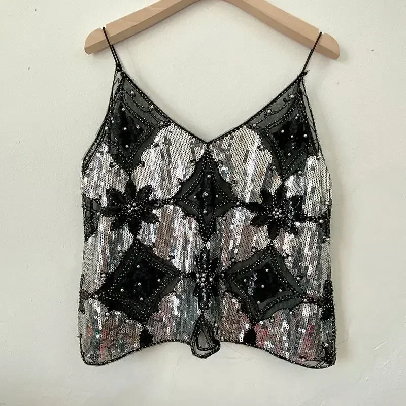 2025 Women's Summer High Quality Sequin Bead Sexy Sling Slim Fit Short V-neck Straight Tank Top Korean Fashion Clothing image 4