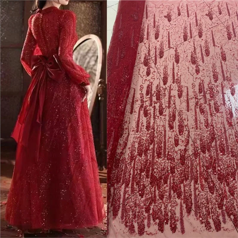 

Red Paillette Lace Embroidery Cloth Beaded Fashion Tulle Fabric Wedding Dress Sequin