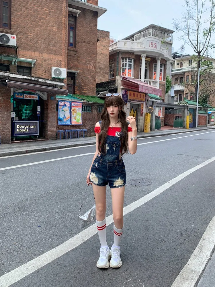 

Джинсовые комбинезоны Sweet Cool Spicy Hole, женские летние тонкие свободные комбинезоны небольшого размера, милые цельные брюки трапециевидной формы с высокой талией или S...