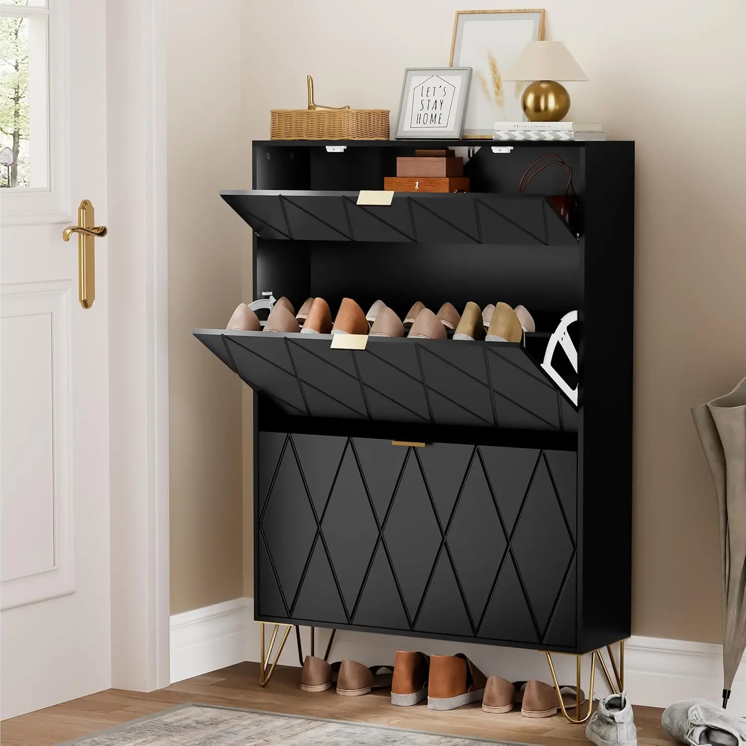 

16-Pair Tilting Shoe Cabinet with 3 Compartments 2 Shoe Storage 1 Hidden Shelf-Shoe Rack