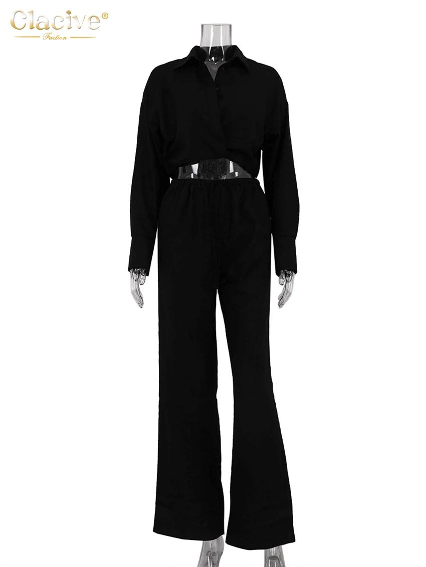 Clacive Fashion Loose Black Linen Trousers Sets For Women 2 Pieces 2024 Elegant Long Sleeve Crop Shirt With High Waist Pants Set