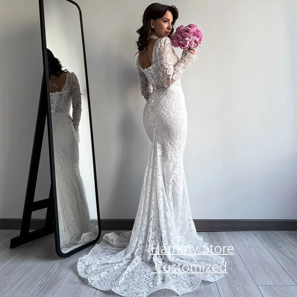 Koronkowa suknia ślubna syrena, szyta na miarę, długie rękawy, dekolt w serce, tren zamiatający, suknia ślubna w stylu saudyjskim, Vestido De Noiva