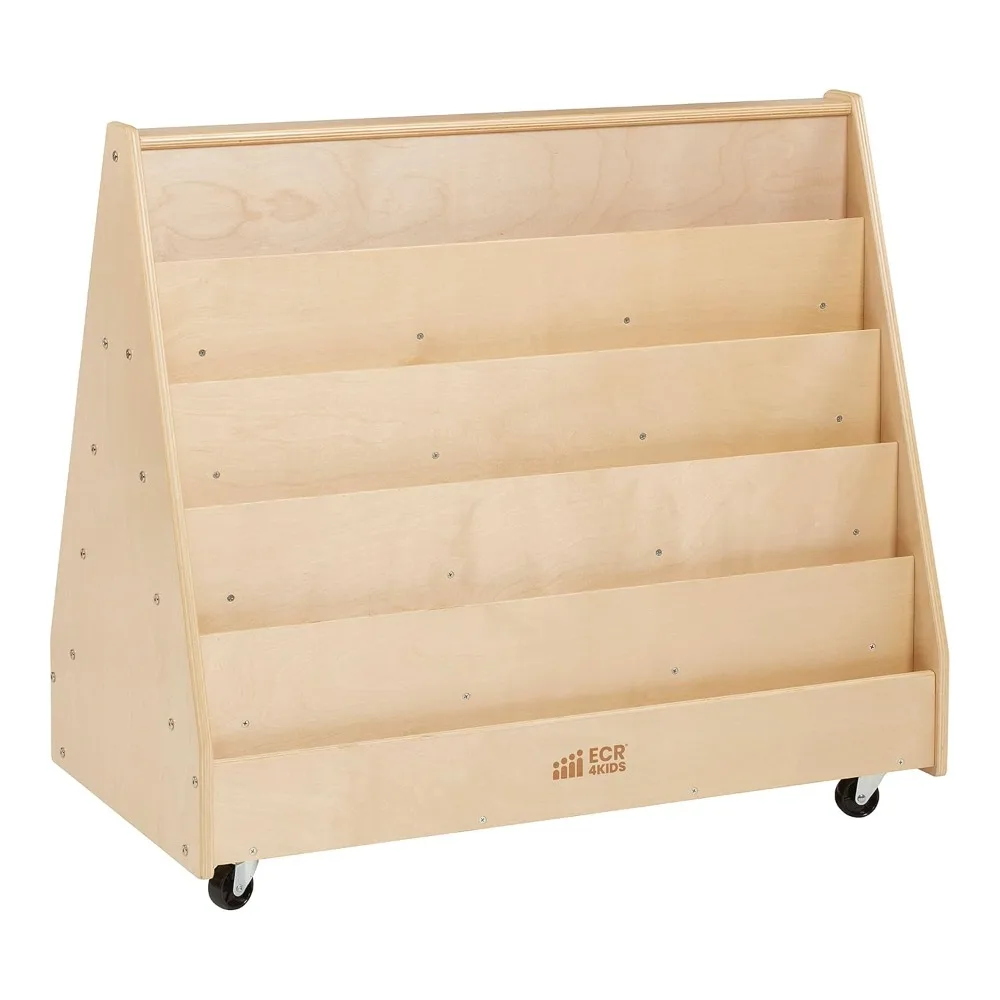 

two-sided classroom mobile book rack, natural finish