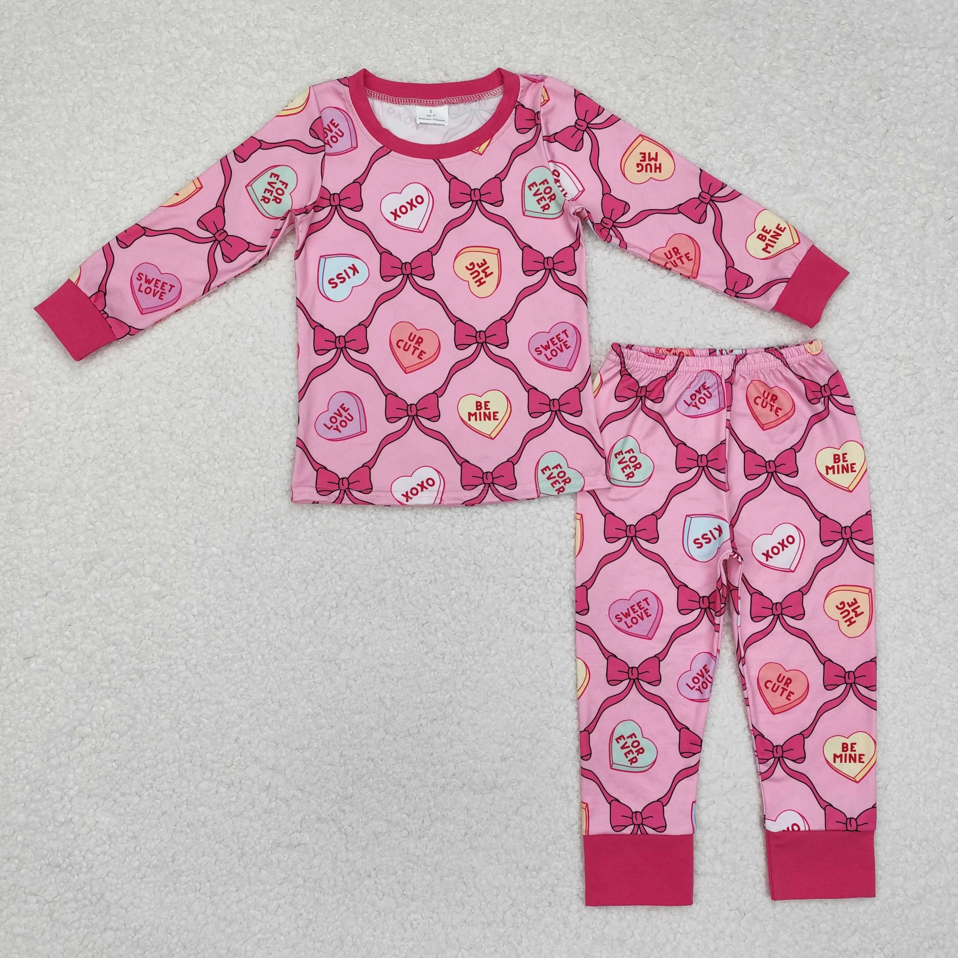 New rts Infant Girls Valentine's Day Pajamas Set Wholesale Boutique Love Bow Pattern Rose Red Long Sleeve Long Sleeve Girls Suit