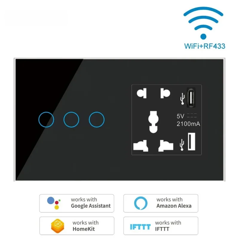 

Tuya WiFi Zigbee Smart Wall Switch: 1-4 Gang Touch Panel with 5-Hole Socket + USB+C, Alexa/Google Voice Control