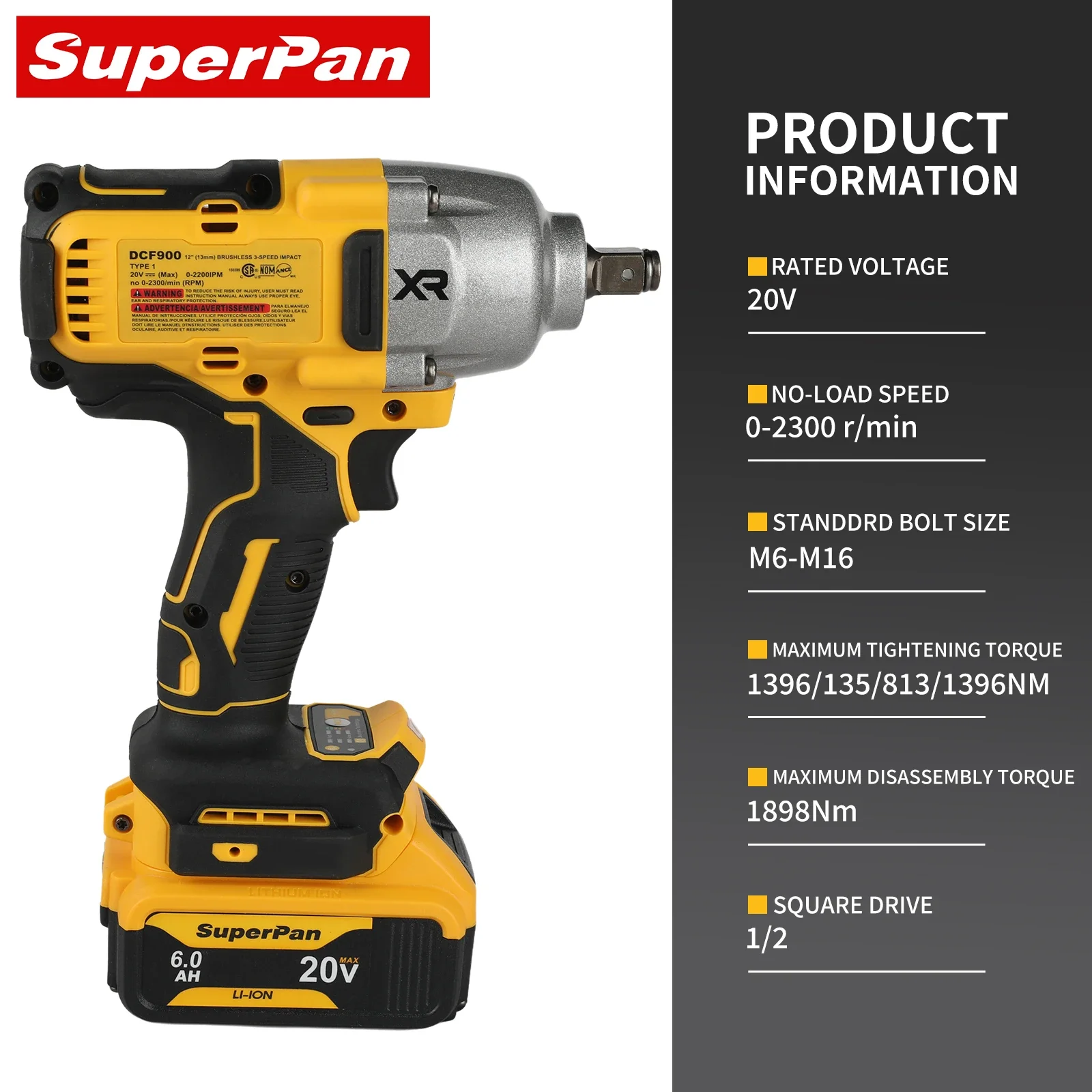 Superpan 1/2 herramientas eléctricas de batería Universal llave de impacto DCF900 20v llave de impacto inalámbrica, pistola de impacto sin escobillas de alto torque