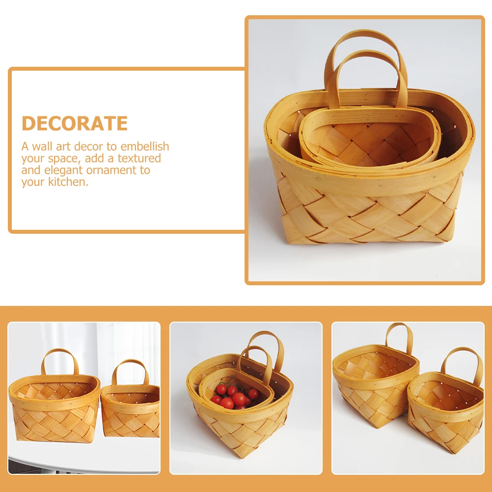 

2Pcs Wall Hanging Basket Wooden Woven Small Garlic Storage Sundries Baskets Kitchen Decor Fruit Vegetable Container Storage