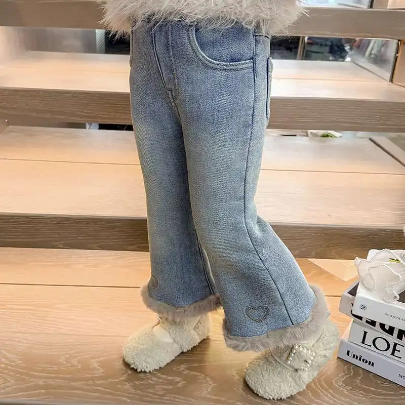 2025 Winter New Girls' Thick Solid Color Love Pattern Hairy Bellbottom Pants with Velvet