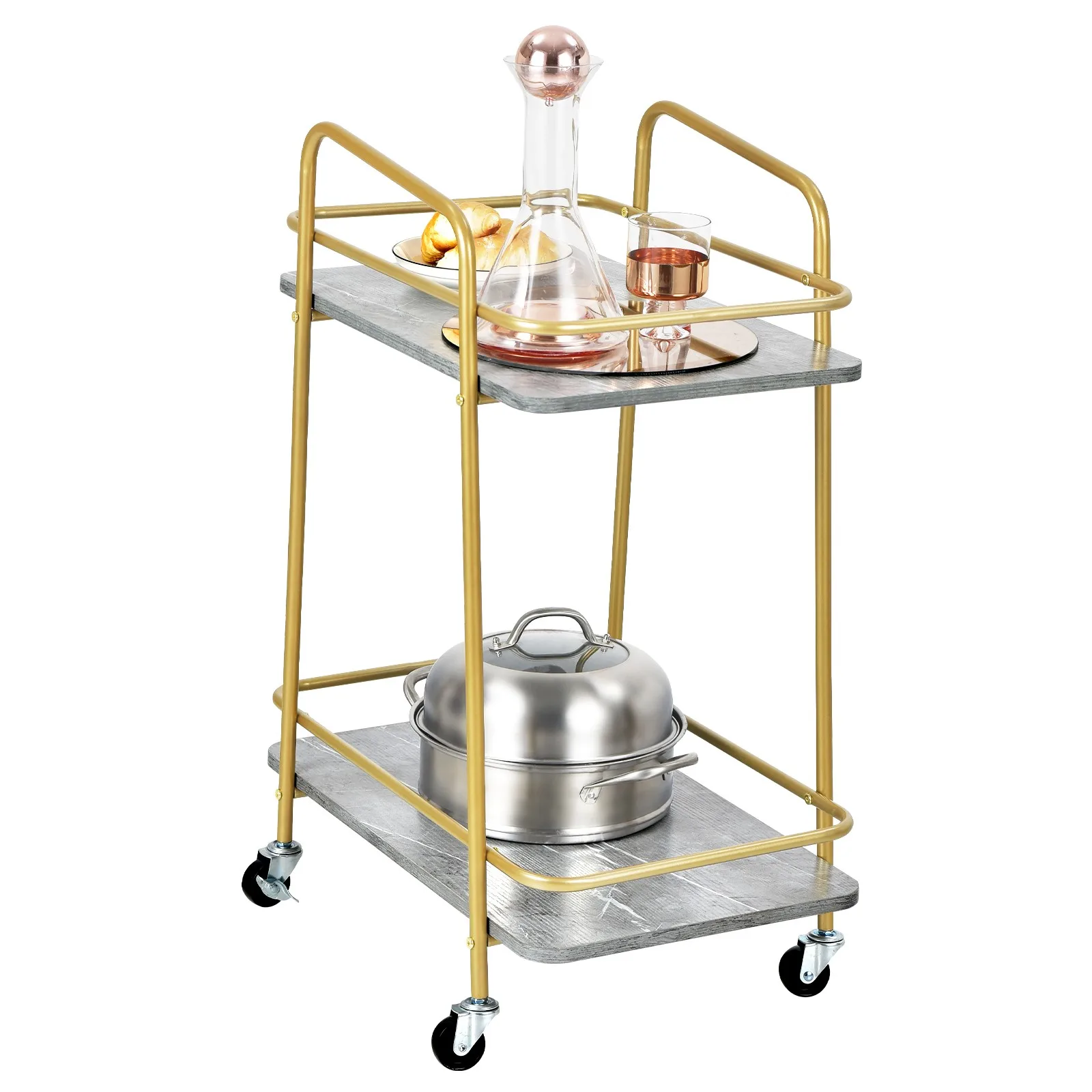 

Costway Kitchen Gold Serving Cart Utility Trolley on Wheel Rolling Rack w/Handle