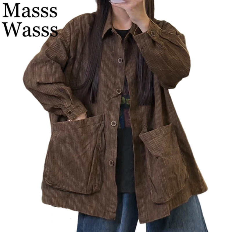 

Mass Wasss, весенние корейские винтажные пальто с длинными рукавами, женские 2026, свободные модные куртки в полоску, женская повседневная классическая одежда в стиле панк