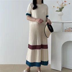 REALEFT Summer 2024 New Casual Loose Pleated Women's Knitting Dresses Female Straight O-Neck Short Sleeve Womens Long Dress