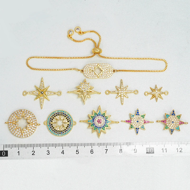 12 Pcs Star Imprint Connector DIY Jewelry Beading Parts Bracelet Necklace Making Inlay Colorful Zircon Round Hollow Accessories