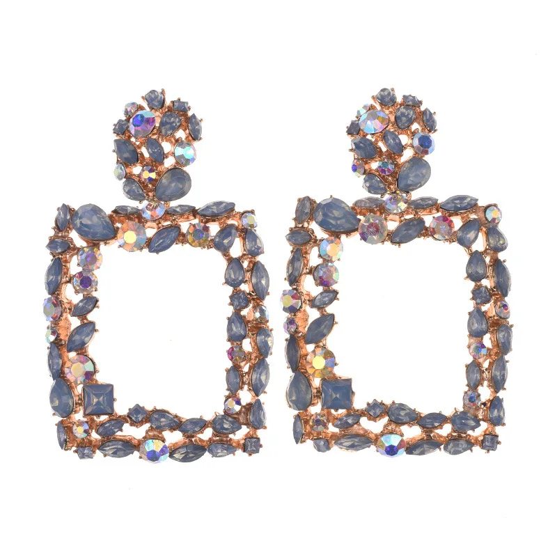 Cross-border accessories new exaggerated big-name rectangular alloy diamond-encrusted earrings manufacturers supply wholesale