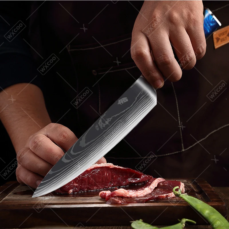 WXCOO Acciaio inossidabile Mannaia da macellaio per carne Damasco Modello laser Coltelli da cucina Coltello per disossare affilato Coltello da chef multiuso