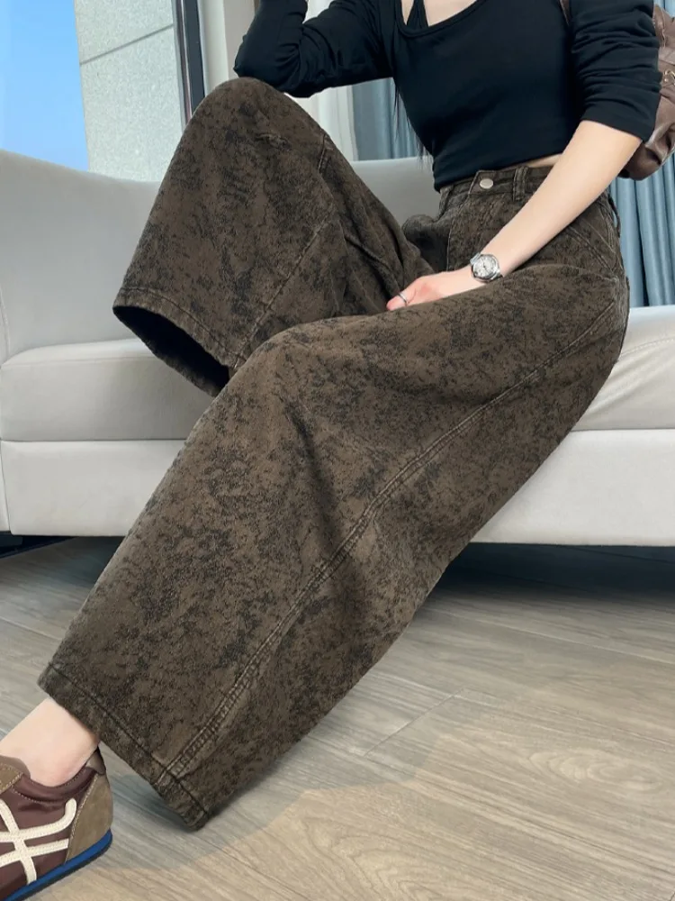 

Ретро-джинсы в американском стиле с цветочным принтом, широкие брюки с высокой талией, корейский дизайн, весенне-осенние повседневные прямые брюки