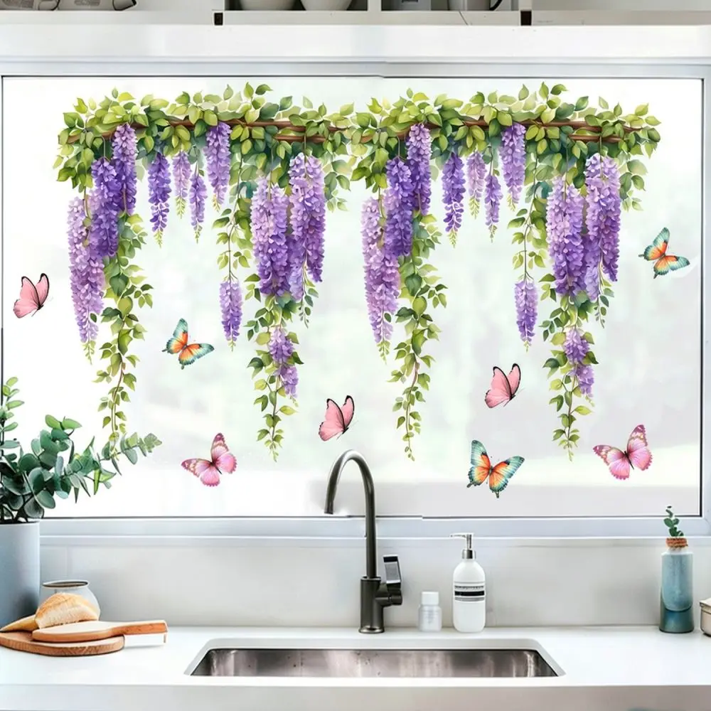 Static Cling Decorative Window Film Wisteria Butterfly Pattern Glass Decal Non Adhesive For Home Window Decoration