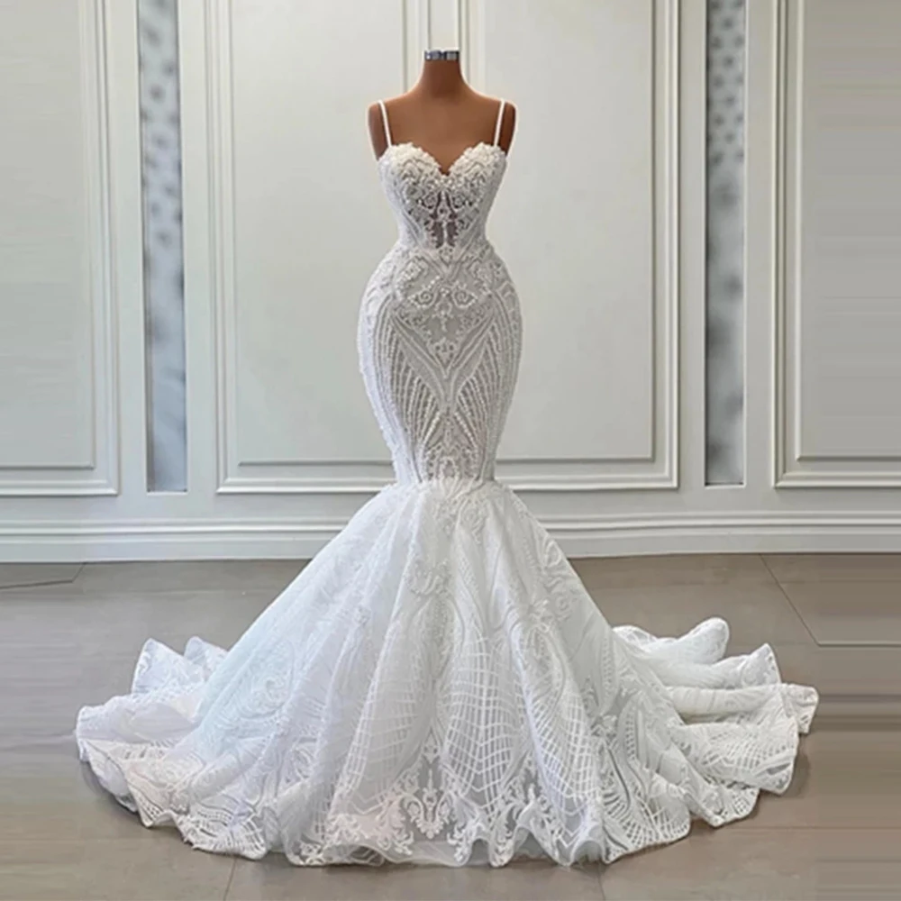 Magníficos vestidos de novia con cuentas de perlas, sirena, bonita correa de espagueti, apliques de encaje, vestidos de novia largos con cremallera personalizada