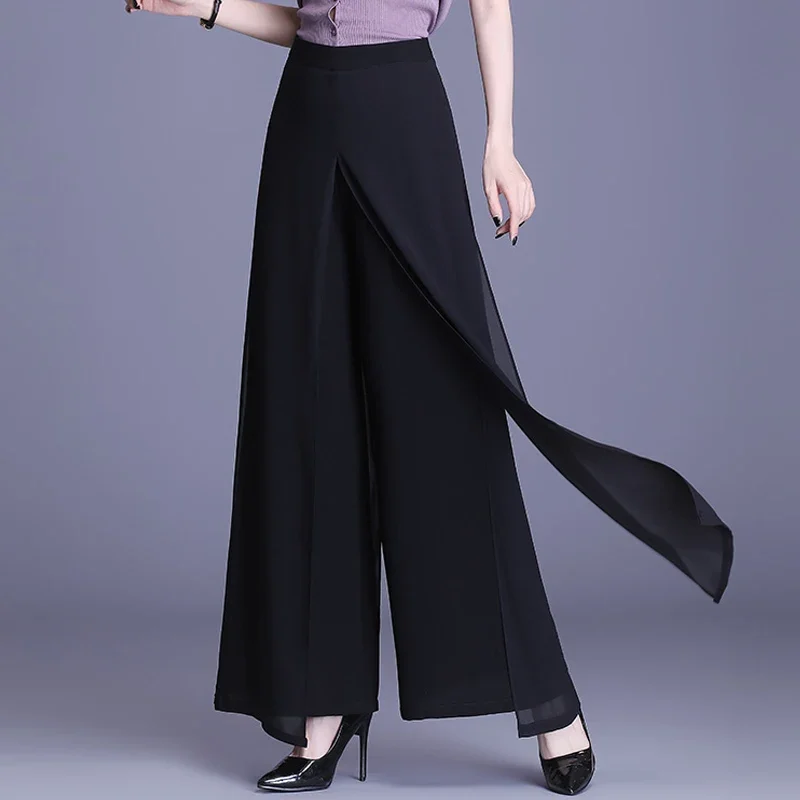 Summer Wide Leg Pants Women's Long Trousers Casual Vintage High Waist Chiffon Side Split Loose Bohemia Skirt Pants Solid Color