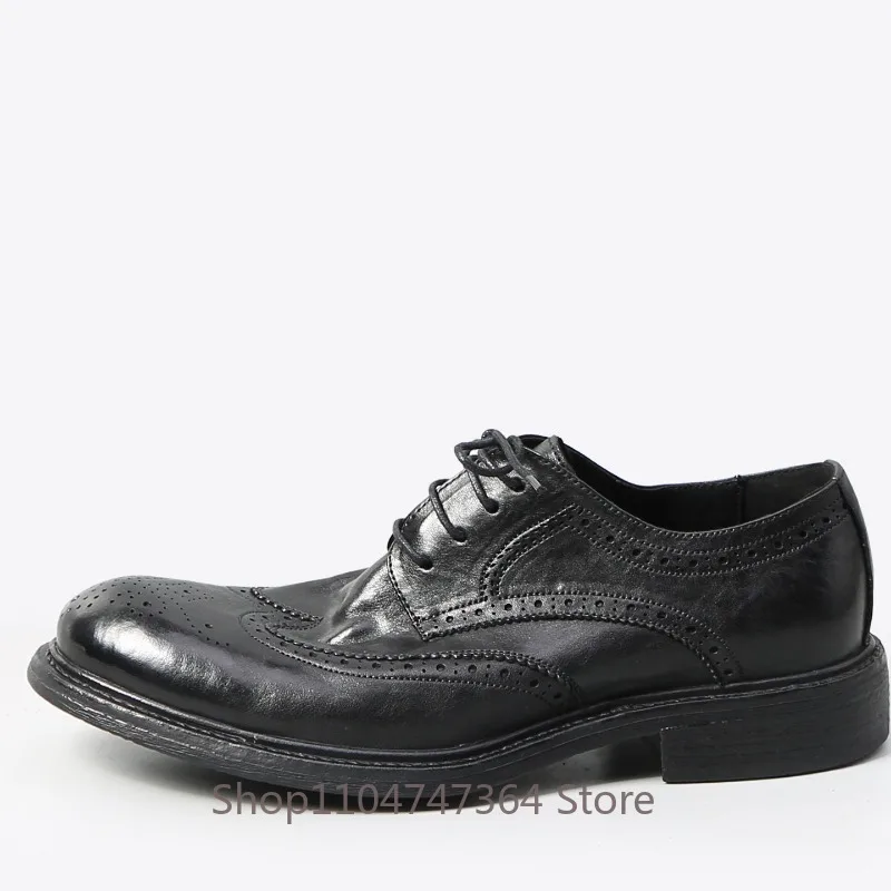 British Style Washed Leather Shoes Men's Business Casual Lace Up Soft Soled Genuine Leather Derby Shoes Male Dress Wedding