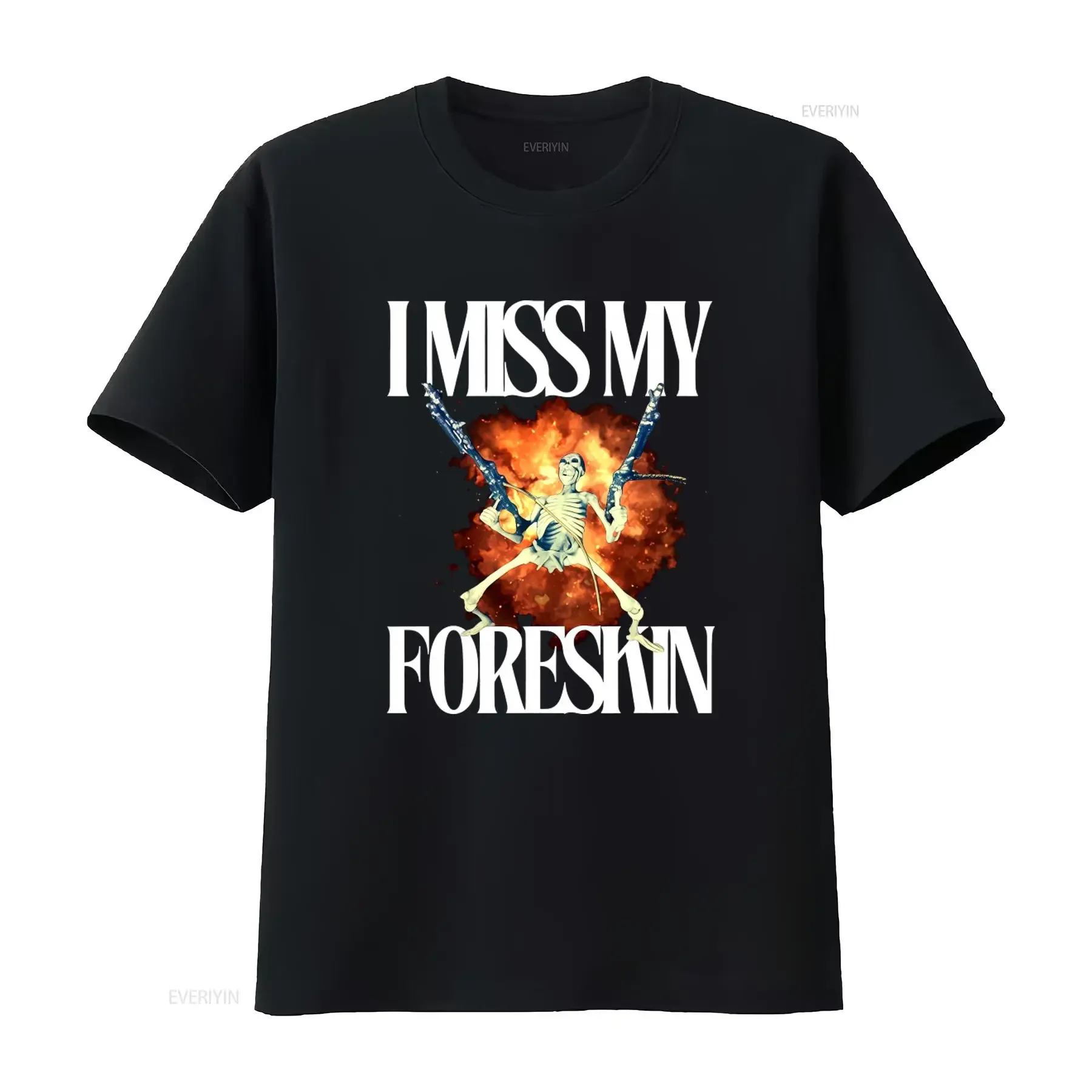 I Miss My Foreskin T Shirt Skeleton with Guns Explosion Design Weird Oddly Specific Funny Offensive Gag Meme Sarcastic Y2K