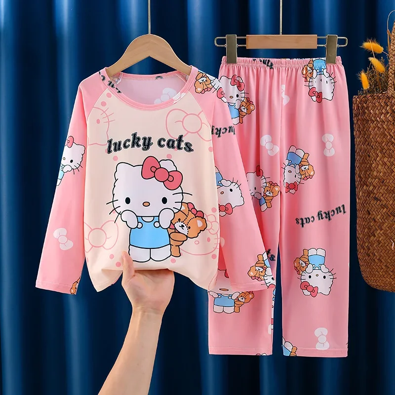 Sanrioed Hellokittys Kuromi Cinnamoroll Anime Pajamas Set Kawaii Thin Longsleeve Pants Home Clothing Cartoon Boy Girl Homewear