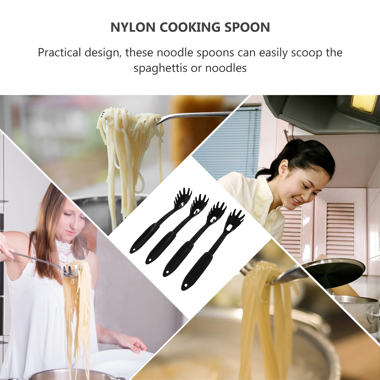 

4pcs Food Grade Nylon Noodle Spoons High Temp Resistant Black Kitchen Strainer Easy Clean Portable Lightweight Spaghetti Ladle