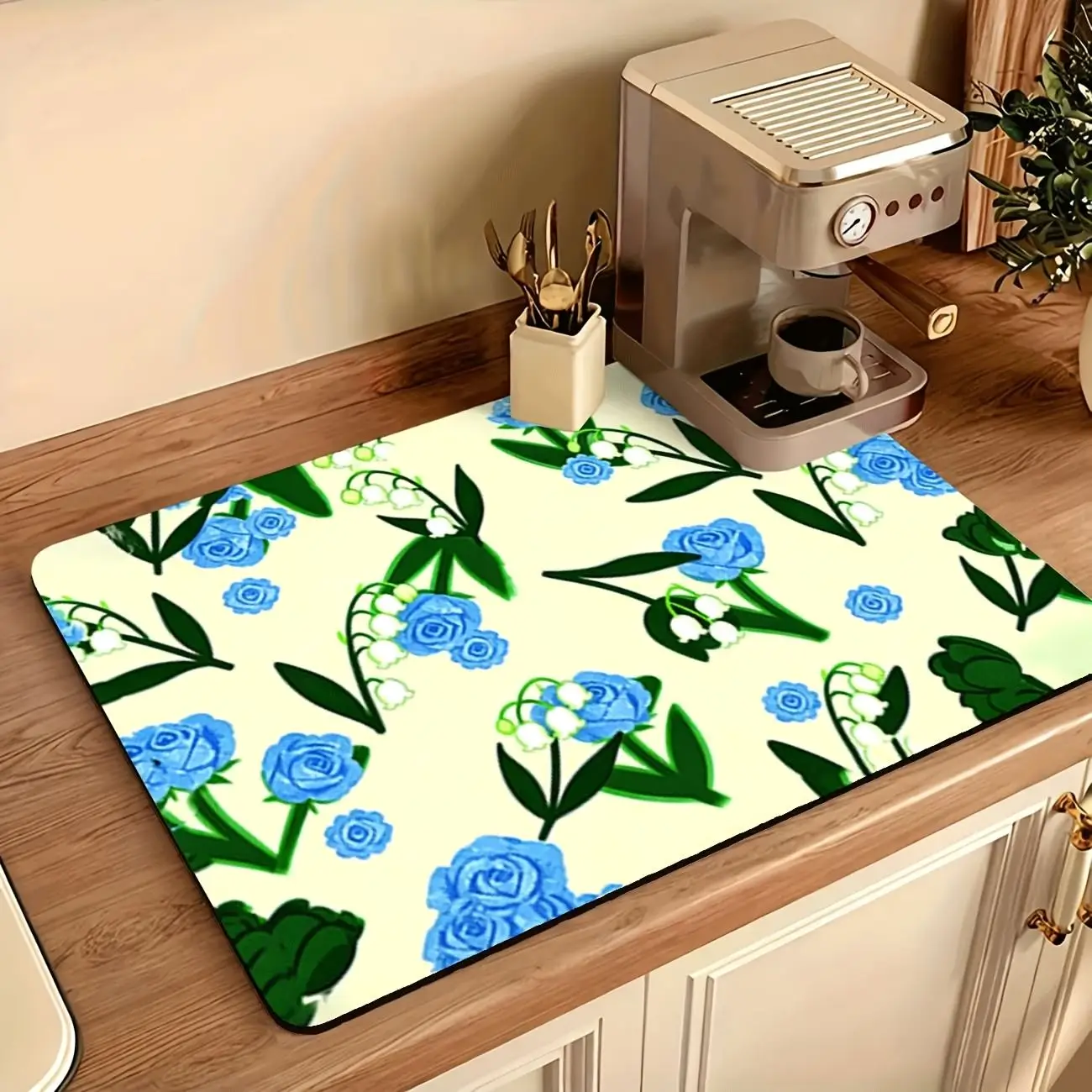 Kitchen Drainage Mat 2D Flat Coffee Cup Leaves Printed Pad Super Absorbent Espresso Maker Cushion Afternoon Tea Mat