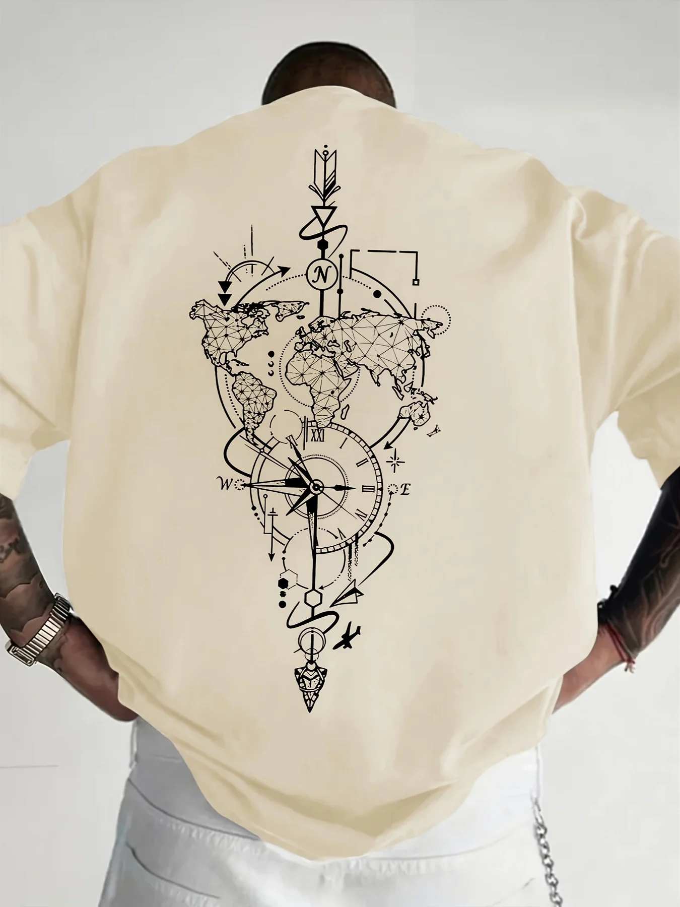 Vintage Nautical World Map Compass Print on Premium Soft 100% Cotton Mens T Shirt Perfect for Summer Casual Streetwear Style