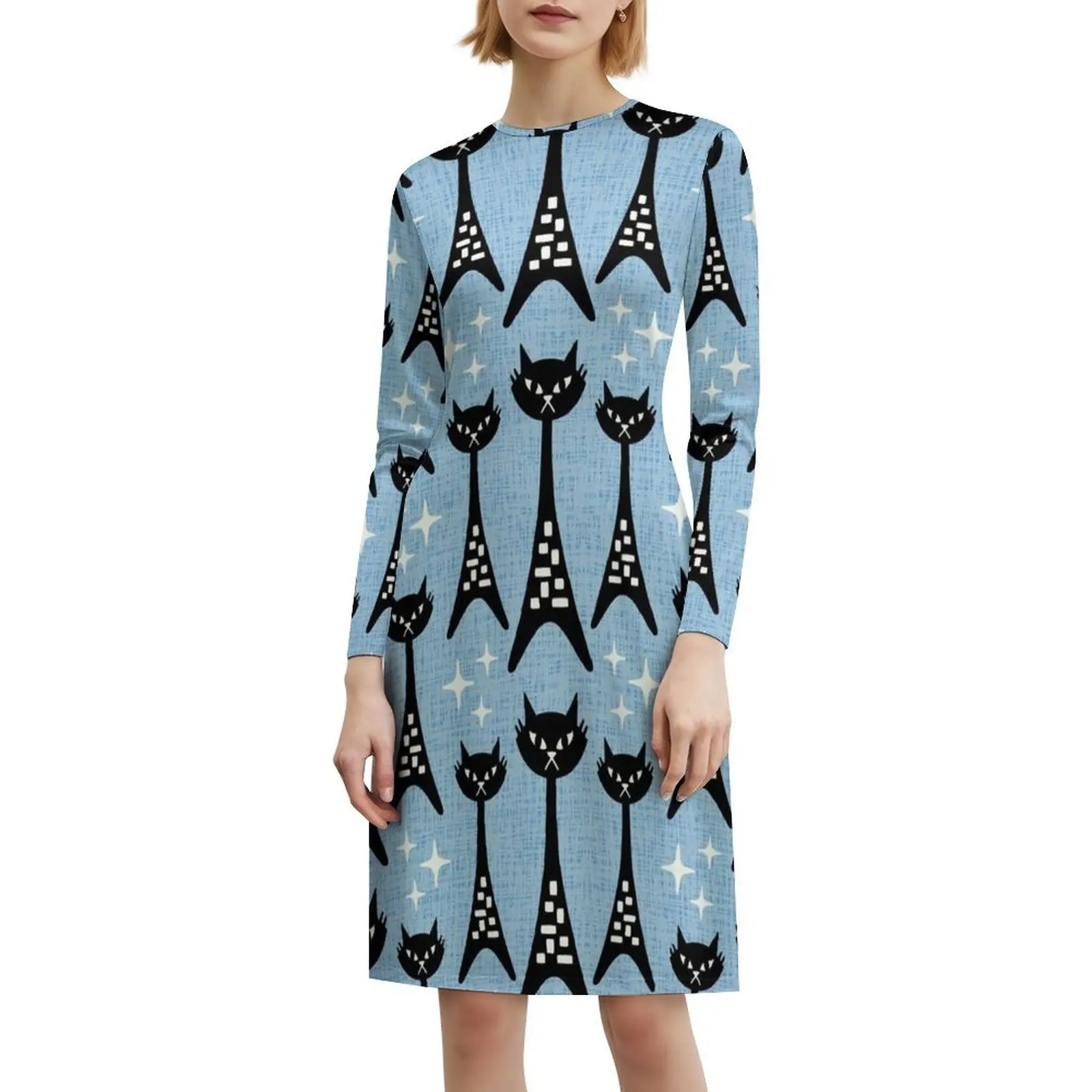 متعة منتصف القرن الحديثة القط نمط 368 الأسود والأزرق المرأة الشارع الشهير فستان الحفلات العصرية طباعة نادي الملابس للإناث