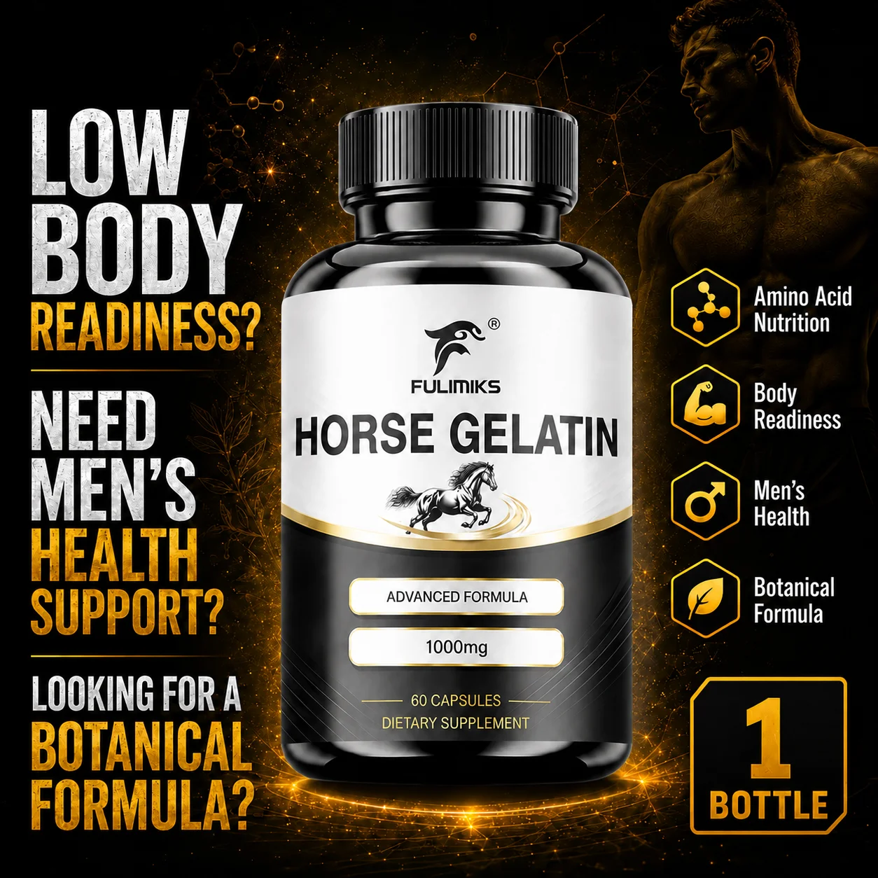 Horse Gelatin Capsules, Support Flexible Joints, Anti-Aging, Relieve Fatigue, Skin Hair Nails Health, Immune, Energy & Vitality