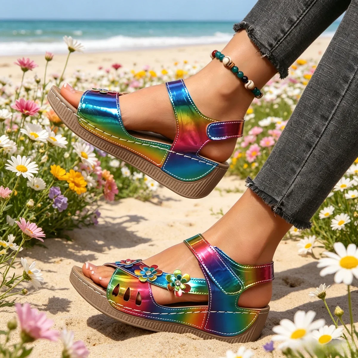 Damen-Keilsandalen mit Blumenmuster, Sommer-Plateausandalen, klobiger Absatz, offene Zehenpartie, Strandschuhe, lässige Outdoor-Sandalen, Strandschuhe – Detail 5