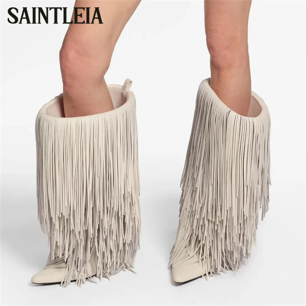 

Pointed Toe Fringe Mid-Calf Boots Designer Style Slip-On Boots Elegant Fashion Style Multi-color Handmade Suede Boots for Women