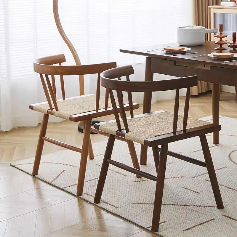 MOMO Retro Chinese stijl massief hout geweven touw eetkamerstoel Eenvoudige gastgezin rugleuning gras cirkel stoel voor woondecoratie