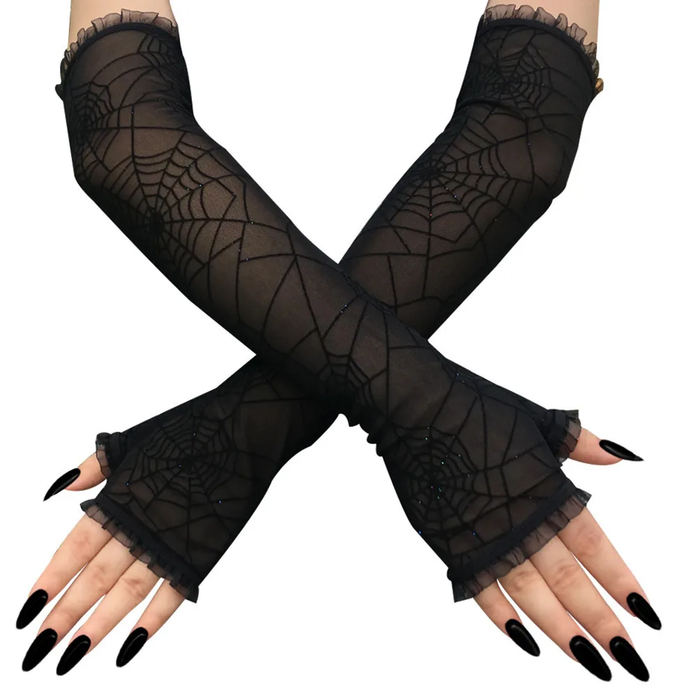 Fashion Women Halloween Costume Black Lace Sunscreen Sleeve Witch Role Play Spider Web Long Half Finger Gloves Girl Party Gift