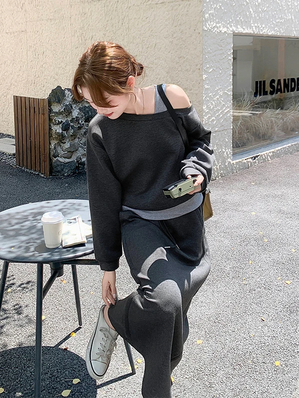 

Gray Shoulder-Bared Sweatshirt And Skirt Two-Piece Set Women's Fashion Spring Autumn Casual High Waist Ensemble