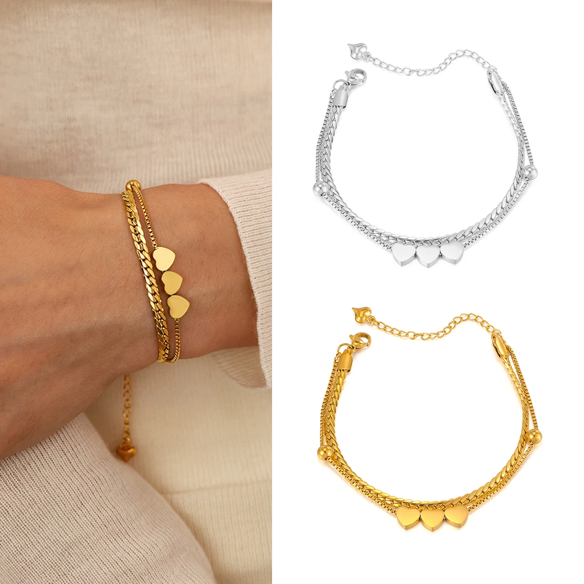 Neues luxuriöses goldfarbenes Herz-Armband – Edelstahl-Schmuck für Frauen, hypoallergenes Geschenk- und Party-Armreifen-Kettenzubehör