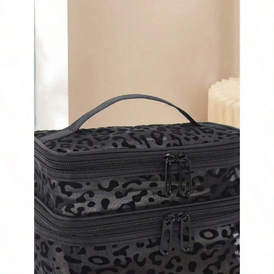 Borsa per cosmetici a doppio strato in rete nera con stampa leopardata da 1 pezzo, organizer portatile per trucco e articoli da toilette