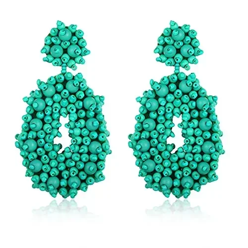 Vintage Green Hand Wound Beaded Drop Earrings Colorful Teardrop Shaped Stud Earrings for Women Party Prom Jewelry Gift