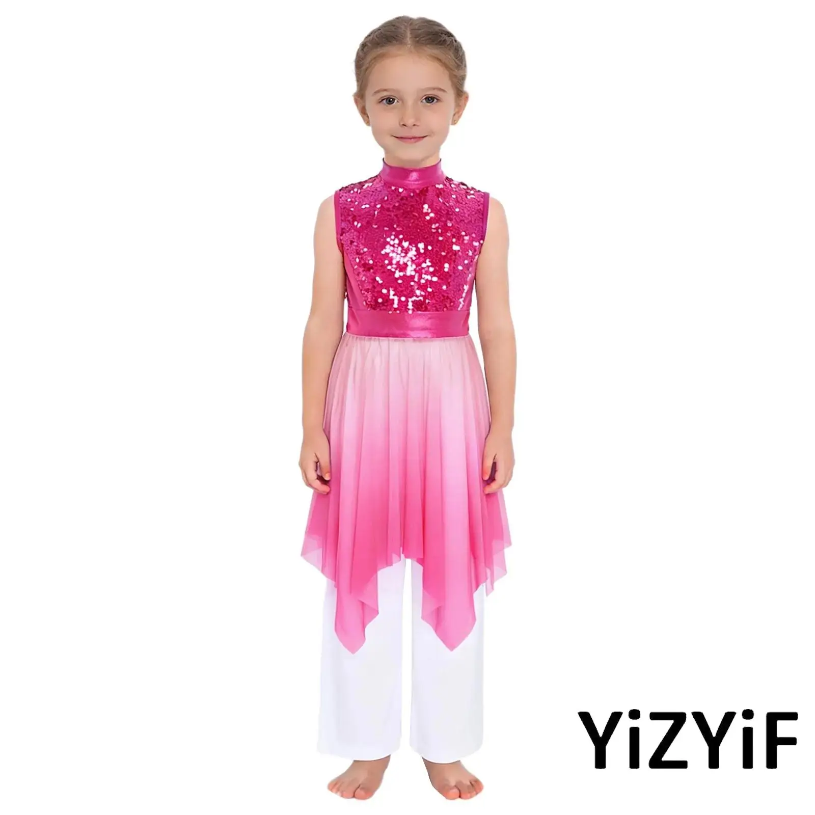 

Kids Girls Liturgical Praise Dance Dress Outfits Sleeveless Asymmetrical Hem Shiny Sequins Worship Bodice Tunic Robe with Pants
