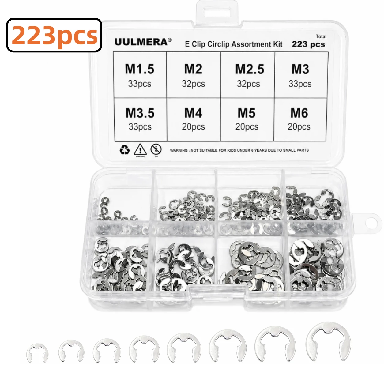 223/346pcs 304 Stainless Steel E-Clips Assortment Kit External Retaining Rings Set M1.5-M15 Metric Snap Ring for Marine Auto