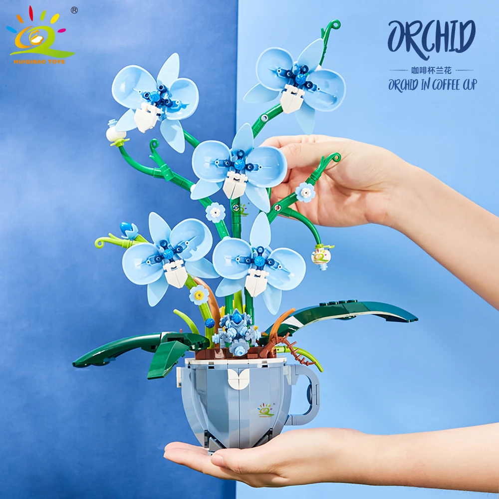 HUIQIBAO Flower Orchid Coffee Cup Potted Building Blocks 3D Bouquet MOC Bricks Construction Toys DIY Home Desk Plant Decoration