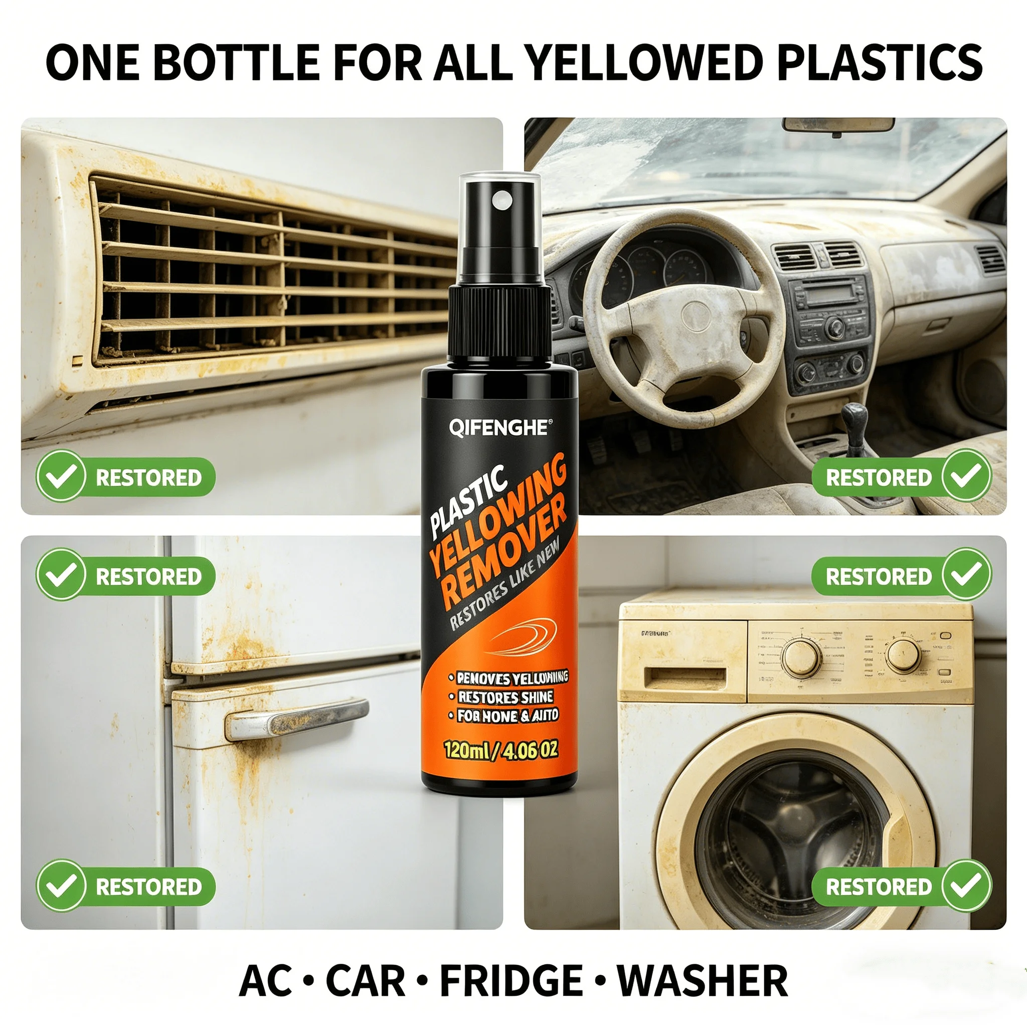 120ml Quick Plastic De-yellowing & Anti-Aging Agent - Restore Gloss & Remove Yellowing for Car, Home, Electronics Parts