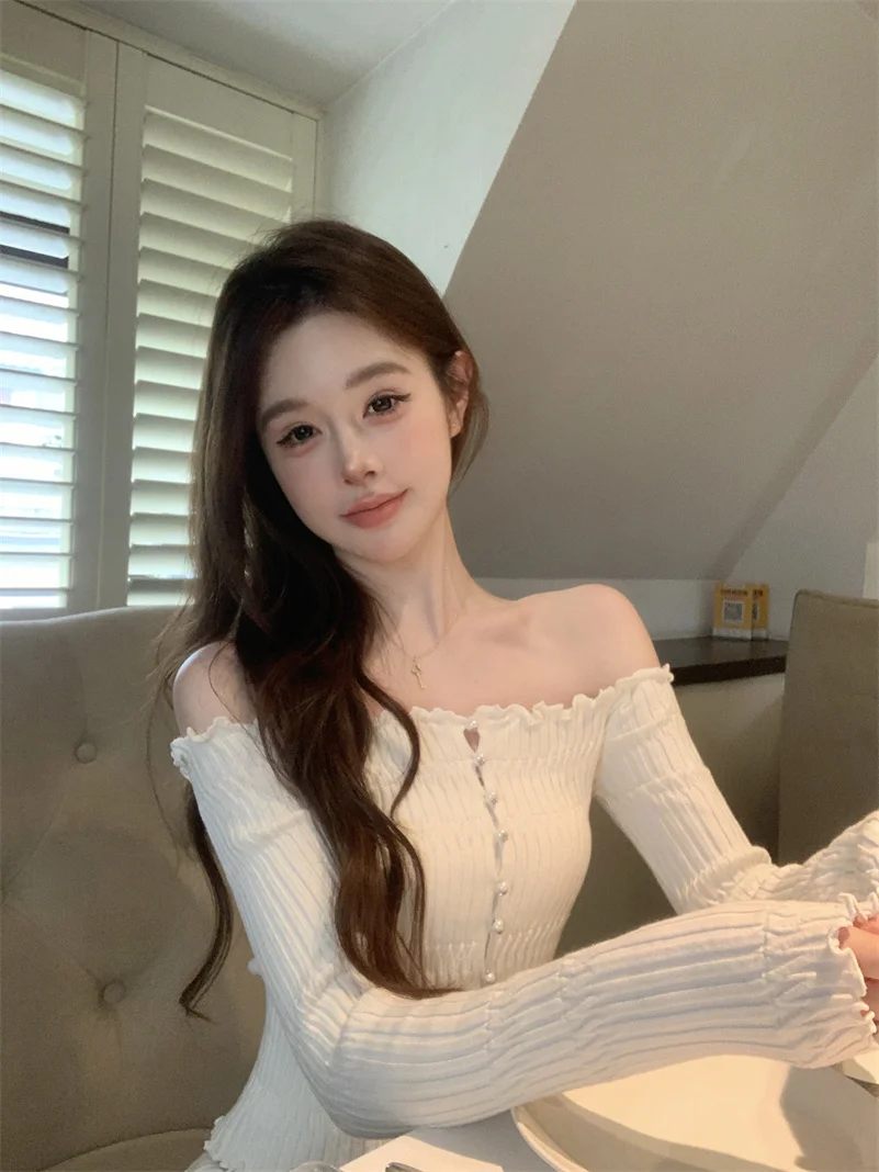 KUSAHIKI Off Shoulder Long Sleeved Knitted Sweater for Women Autumn Korean Style Slim Sweater Hollowed Out Short Strapless Top