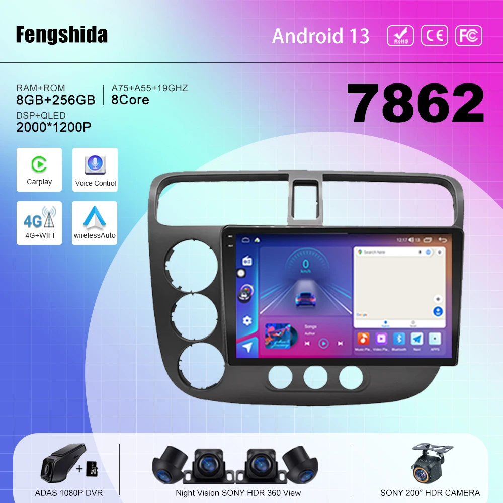 

7862 CPU Car Android 13 For Honda CIVIC 2000 2001-2006 Auto Radio Stereo multimedia player navigation GPS No 2din DVD 5G WIFI BT