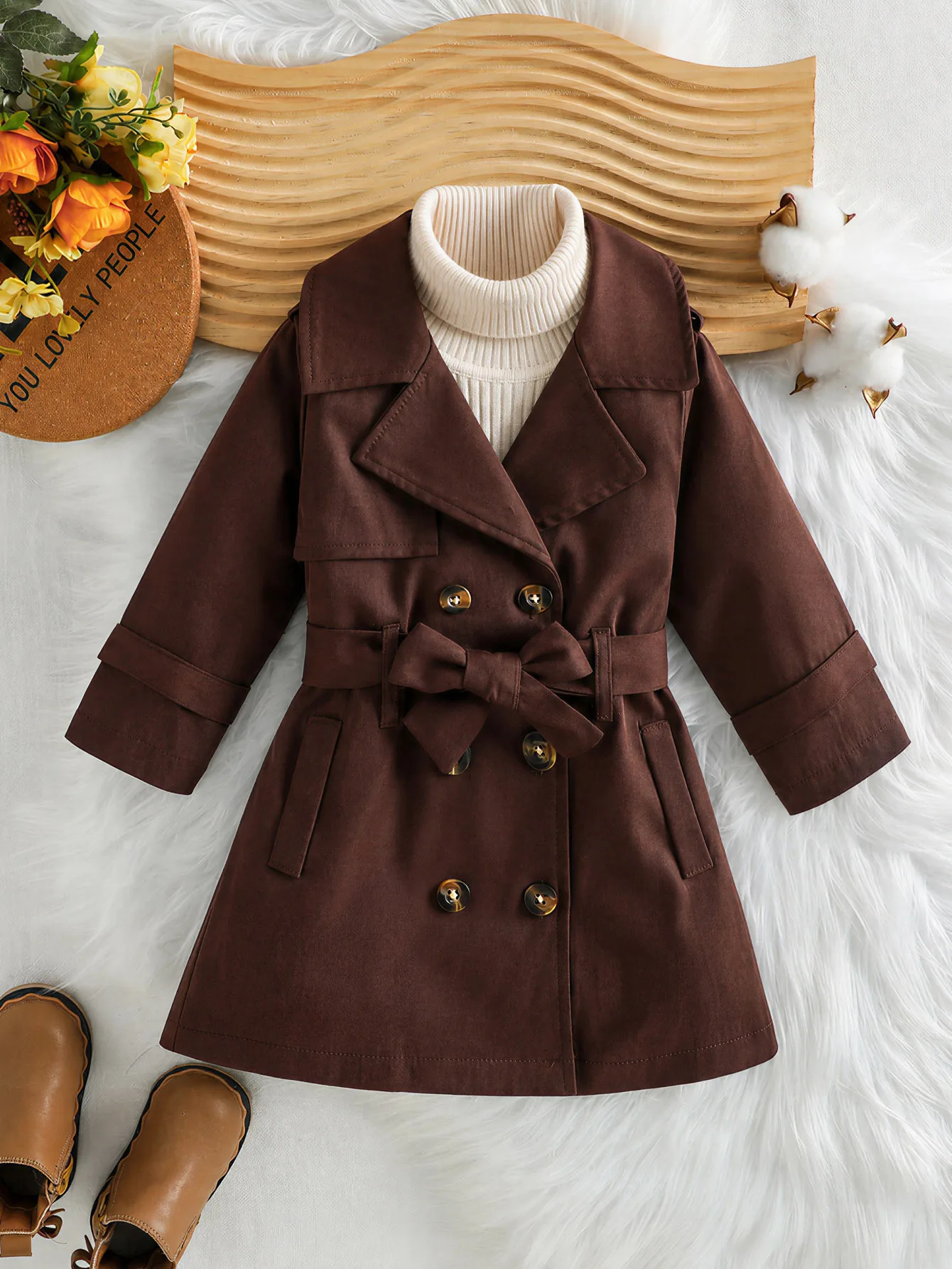 Girls Trench Coat, Kids Double Breasted Woolen Peacoat, Toddler Girls Waist Belt Mid-Length Warm Overcoat Fall Winter Outerwear